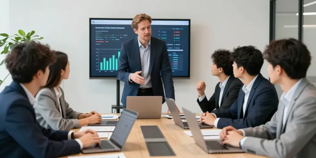 Christian Berger leitet ein Teammeeting in einem modernen Büro mit Kollegen.