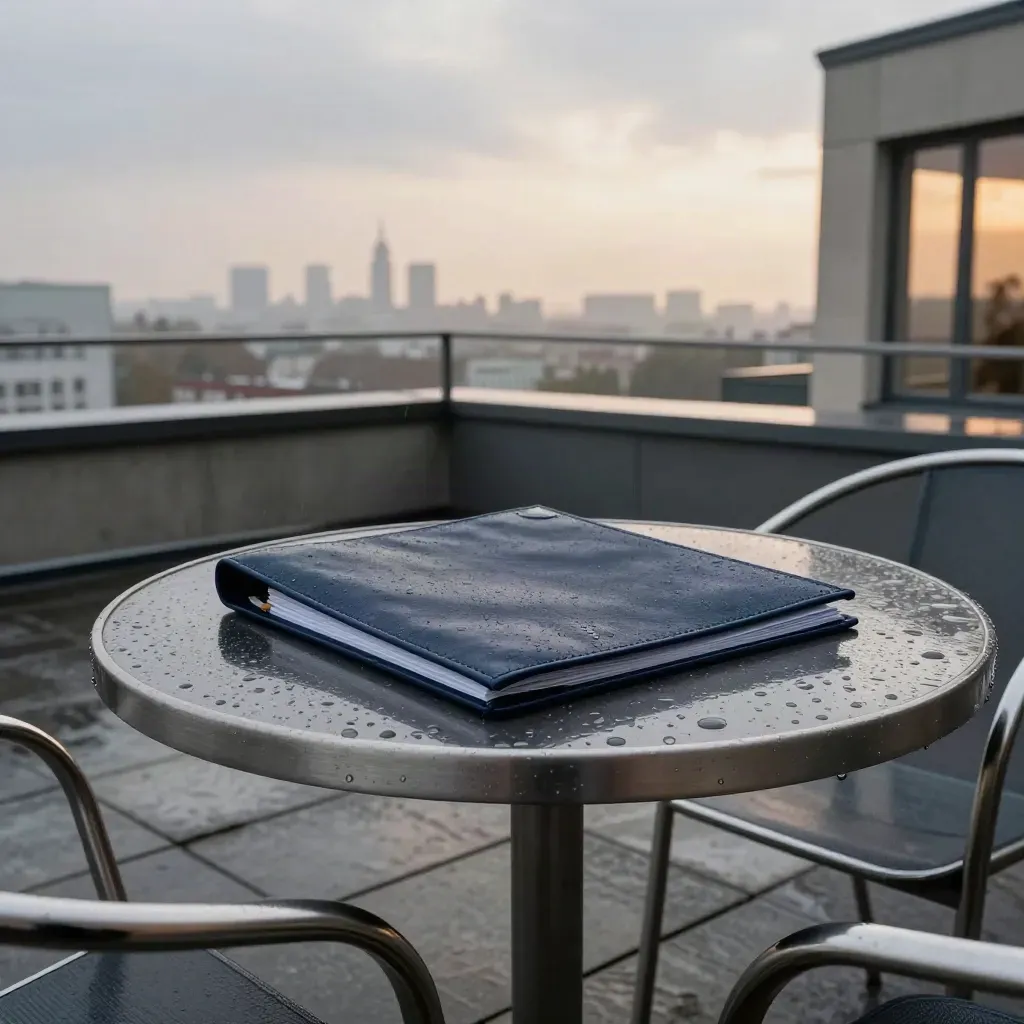 Berliner Dachterrasse nach Regen mit Fondsmappe und ferner Skyline im Dunst.
