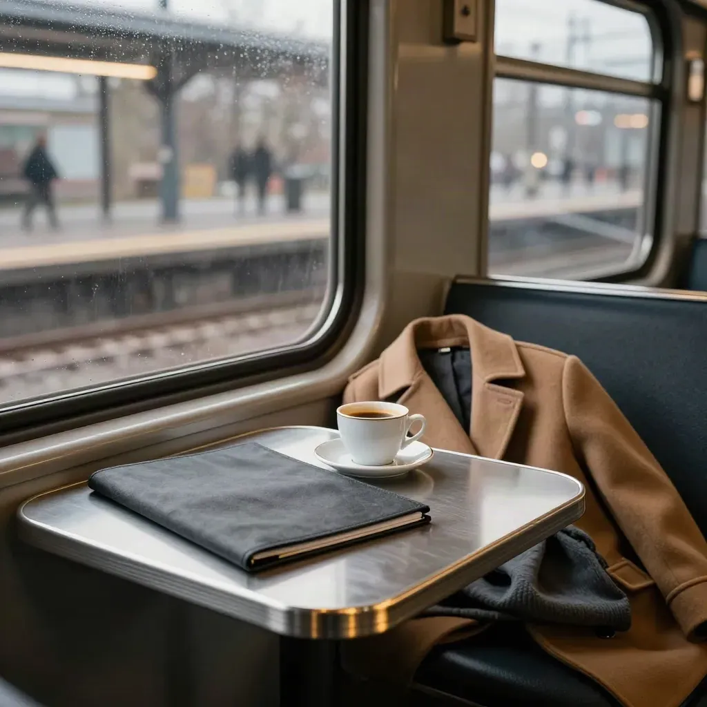 Reflexion im Zugfenster über einem kleinen Cafétisch mit Briefmappe, Tasse und Mantel.