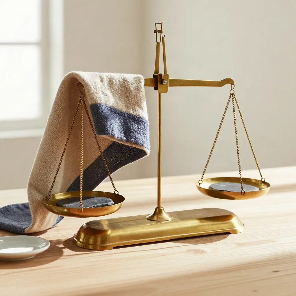 Messing-Balkenwaage mit Schiefergewichten und Wolltuch auf hellem Holz, ruhig und edel.